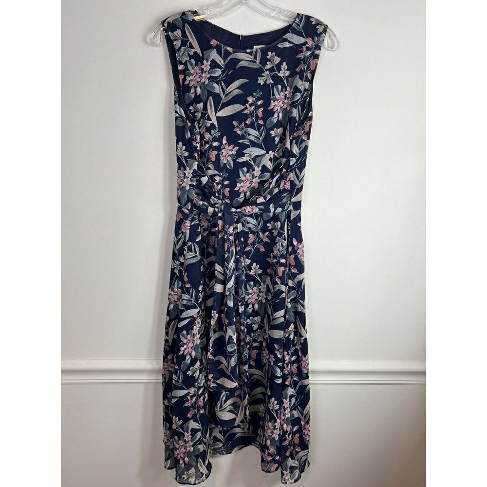 Atelier Women’s Navy Blue Floral Fit Flare Sleeveless Dress Sash Belt Size 12 - Picture 3 of 7